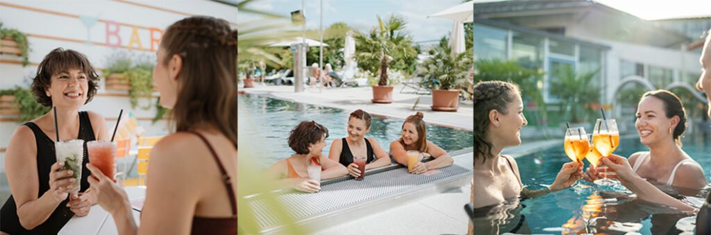 Frauen am Pool mit Cocktails